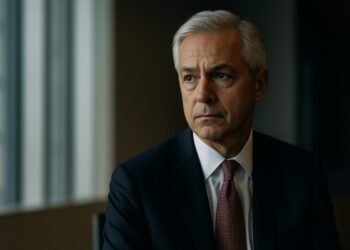 Retrato editorial de Charles Scharf, CEO de Wells Fargo, simbolizando su advertencia sobre riesgos económicos en EE.UU.