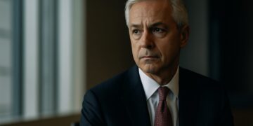 Retrato editorial de Charles Scharf, CEO de Wells Fargo, simbolizando su advertencia sobre riesgos económicos en EE.UU.
