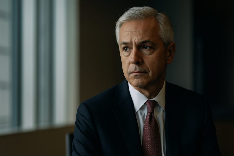 Retrato editorial de Charles Scharf, CEO de Wells Fargo, simbolizando su advertencia sobre riesgos económicos en EE.UU.