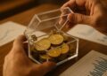 Manos sosteniendo una moneda de XRP con textura metálica sobre fondo oscuro y realista.