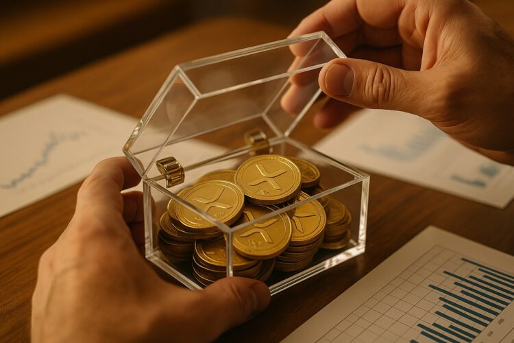 Manos sosteniendo una moneda de XRP con textura metálica sobre fondo oscuro y realista.