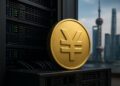 Centro tecnológico en Shanghái con símbolo del yuan digital y servidores en entorno financiero.