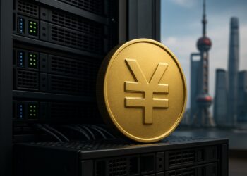 Centro tecnológico en Shanghái con símbolo del yuan digital y servidores en entorno financiero.