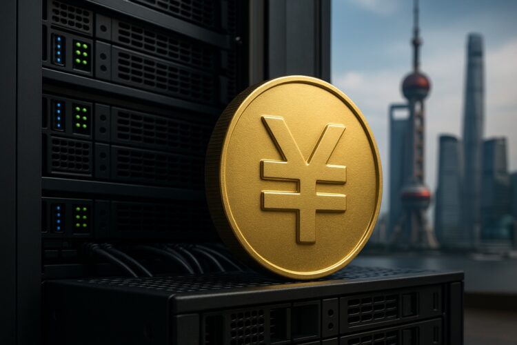 Centro tecnológico en Shanghái con símbolo del yuan digital y servidores en entorno financiero.