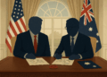 Ilustración del Salón Oval con representantes genéricos de EE. UU. y Australia firmando un acuerdo, con banderas de ambos países al fondo