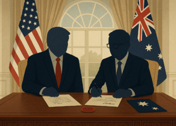 Ilustración del Salón Oval con representantes genéricos de EE. UU. y Australia firmando un acuerdo, con banderas de ambos países al fondo