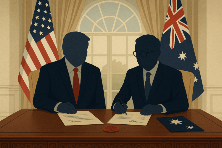 Ilustración del Salón Oval con representantes genéricos de EE. UU. y Australia firmando un acuerdo, con banderas de ambos países al fondo