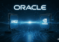Dos placas de circuito con los logotipos de AMD y Nvidia enfrentadas en un tablero digital con líneas de datos brillantes.