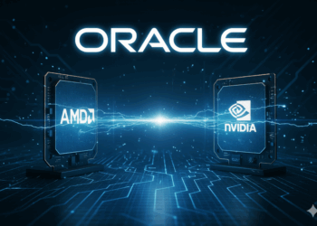 Dos placas de circuito con los logotipos de AMD y Nvidia enfrentadas en un tablero digital con líneas de datos brillantes.