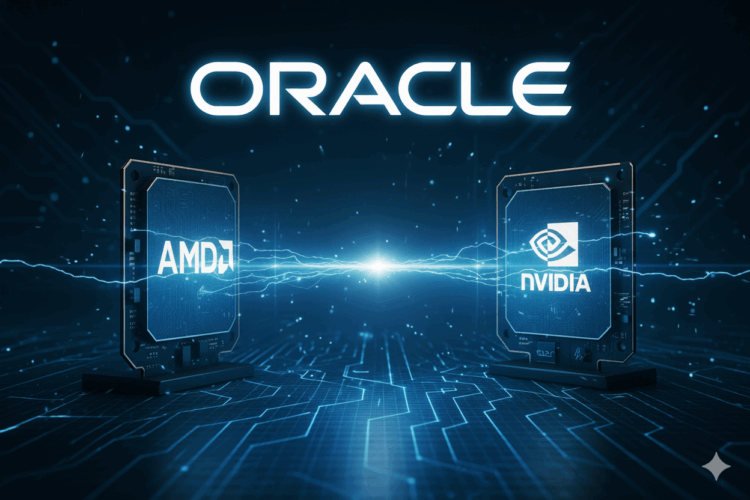 Dos placas de circuito con los logotipos de AMD y Nvidia enfrentadas en un tablero digital con líneas de datos brillantes.