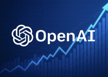Logotipo de OpenAI sobre fondo azul con gráfico financiero ascendente y flecha de crecimiento
