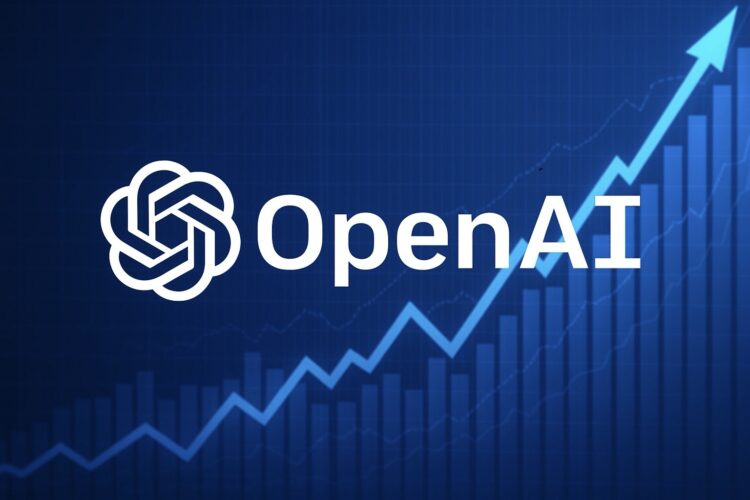 Logotipo de OpenAI sobre fondo azul con gráfico financiero ascendente y flecha de crecimiento