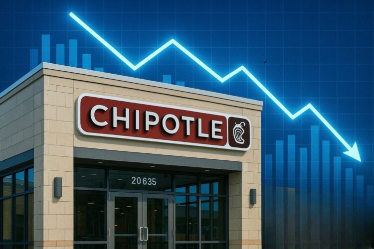 Restaurante Chipotle con logotipo visible y gráfico bursátil descendente superpuesto en fondo azul