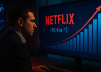Hombre frente a pantalla con logo de Netflix y gráfico ascendente iluminado en rojo y azul.