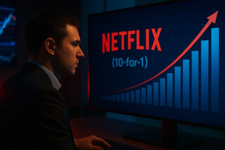 Hombre frente a pantalla con logo de Netflix y gráfico ascendente iluminado en rojo y azul.