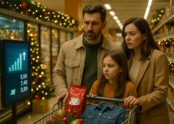 Padres e hija miran pantalla con precios al alza en supermercado decorado con luces festivas.