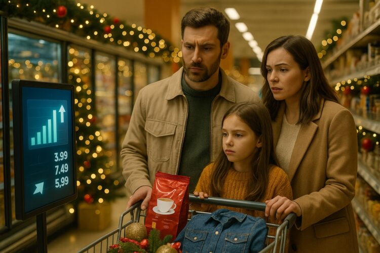 Padres e hija miran pantalla con precios al alza en supermercado decorado con luces festivas.