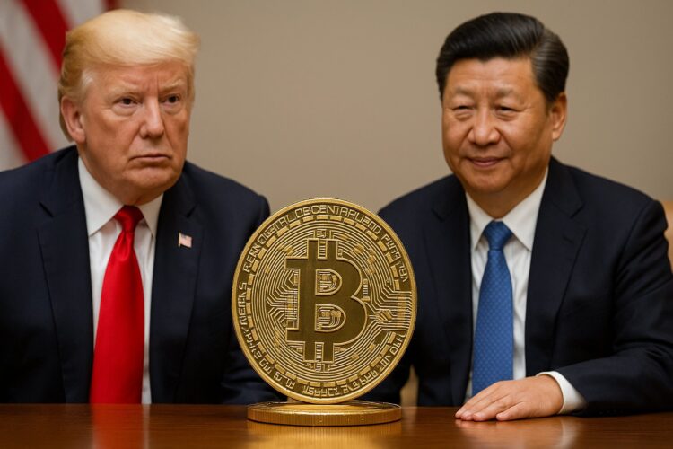 Donald Trump y Xi Jinping se reúnen con una moneda de Bitcoin en primer plano simbolizando tensión.