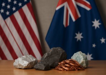 Minerales metálicos con banderas de EE.UU. y Australia reflejan su alianza económica.