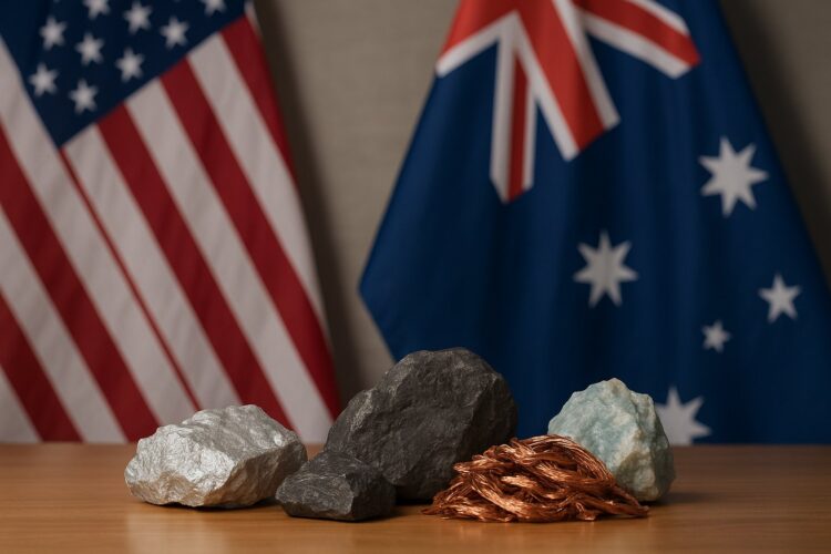 Minerales metálicos con banderas de EE.UU. y Australia reflejan su alianza económica.