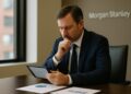 Asesor financiero analiza con cautela inversiones en criptomonedas en oficina de Morgan Stanley.