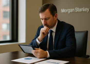 Asesor financiero analiza con cautela inversiones en criptomonedas en oficina de Morgan Stanley.