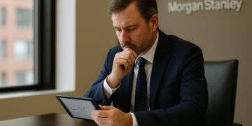 Asesor financiero analiza con cautela inversiones en criptomonedas en oficina de Morgan Stanley.