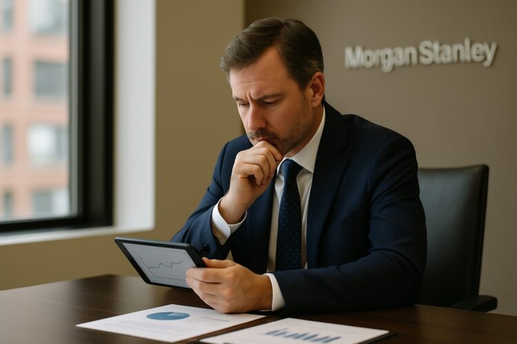 Asesor financiero analiza con cautela inversiones en criptomonedas en oficina de Morgan Stanley.