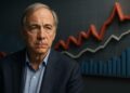 Ray Dalio analiza riesgos económicos de EE.UU. con gráficos financieros en el fondo.