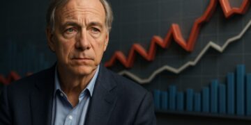 Ray Dalio analiza riesgos económicos de EE.UU. con gráficos financieros en el fondo.