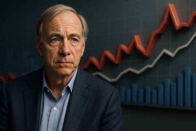 Ray Dalio analiza riesgos económicos de EE.UU. con gráficos financieros en el fondo.