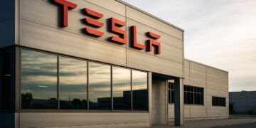 Fachada de una planta de Tesla iluminada por la tarde, símbolo de ajuste estratégico.