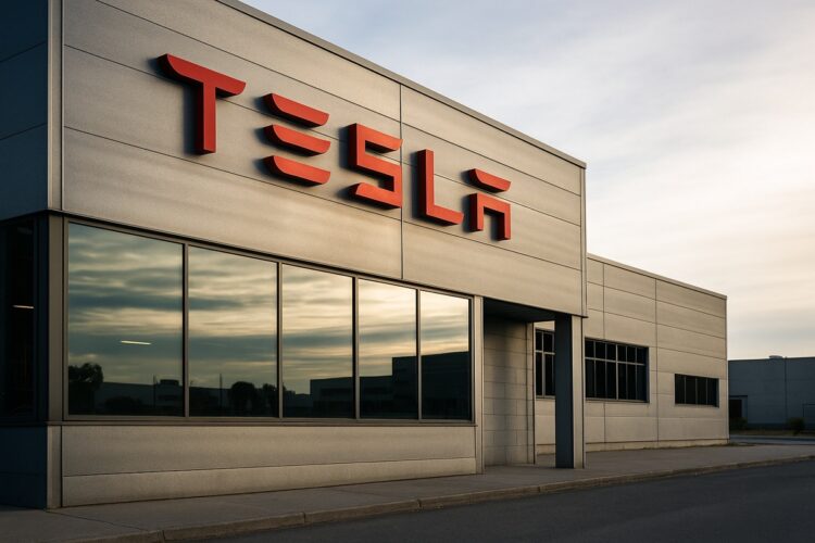 Fachada de una planta de Tesla iluminada por la tarde, símbolo de ajuste estratégico.