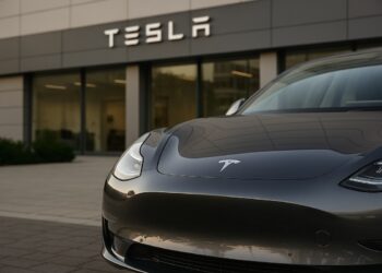Detalle realista de un vehículo Tesla con luz natural, reflejando su presencia en el entorno urbano.