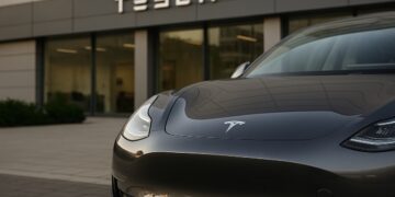 Detalle realista de un vehículo Tesla con luz natural, reflejando su presencia en el entorno urbano.