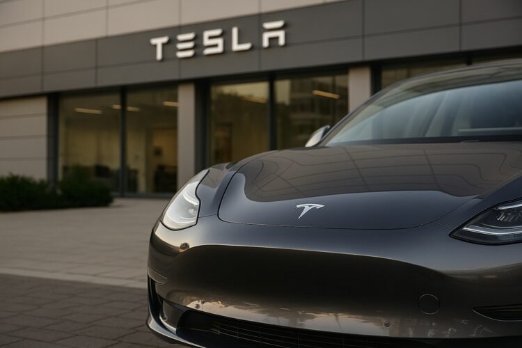 Detalle realista de un vehículo Tesla con luz natural, reflejando su presencia en el entorno urbano.