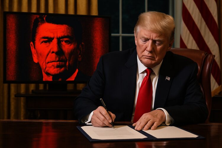 Donald Trump firma un decreto en el Despacho Oval mientras una pantalla muestra el rostro pixelado de Ronald Reagan.