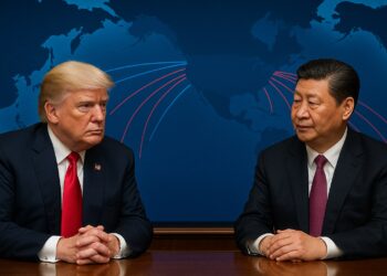Donald Trump y Xi Jinping sentados frente a un mapa del océano Pacífico con líneas rojas y azules que representan flujos comerciales sin marcar países