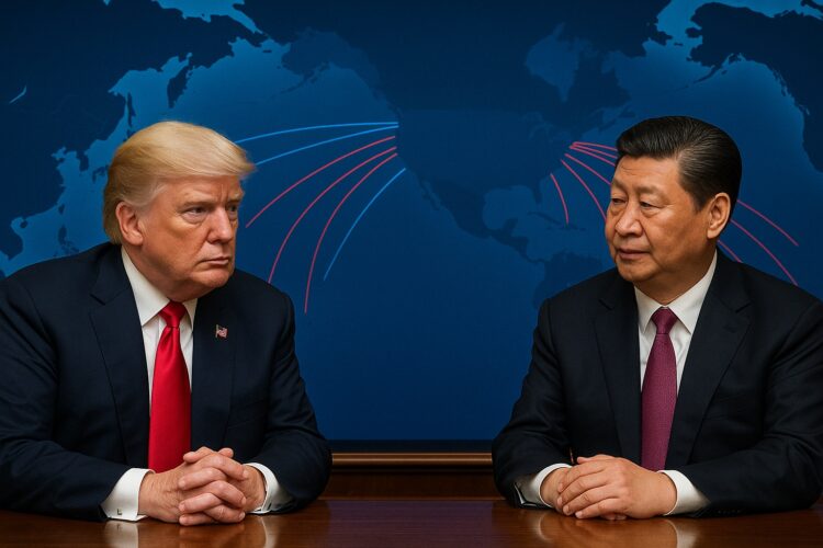 Donald Trump y Xi Jinping sentados frente a un mapa del océano Pacífico con líneas rojas y azules que representan flujos comerciales sin marcar países