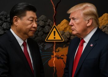 Donald Trump y Xi Jinping se miran frente a montañas de minerales separadas por una grieta digital con un ícono de advertencia amarilla.