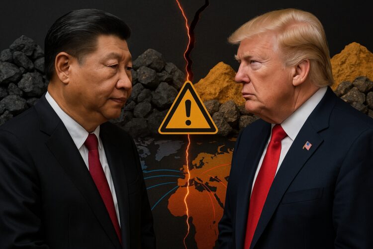 Donald Trump y Xi Jinping se miran frente a montañas de minerales separadas por una grieta digital con un ícono de advertencia amarilla.
