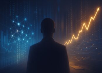 Silueta humana ante gráficos 3D que representan la unión entre IA y mercados financieros.