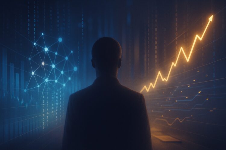Silueta humana ante gráficos 3D que representan la unión entre IA y mercados financieros.