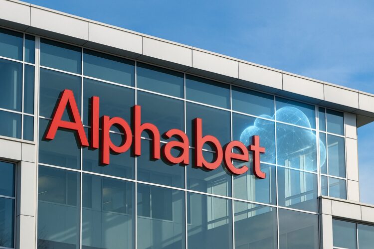 Fachada corporativa de Alphabet con su logotipo grande y reflejos que evocan Google Cloud.