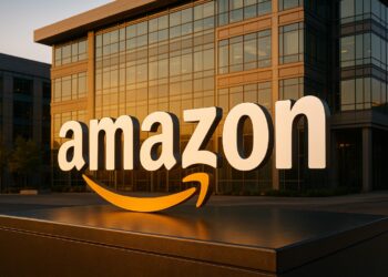 Campus corporativo de Amazon con su logotipo grande y luz cálida tras anunciar sólidos resultados.