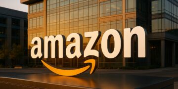 Campus corporativo de Amazon con su logotipo grande y luz cálida tras anunciar sólidos resultados.