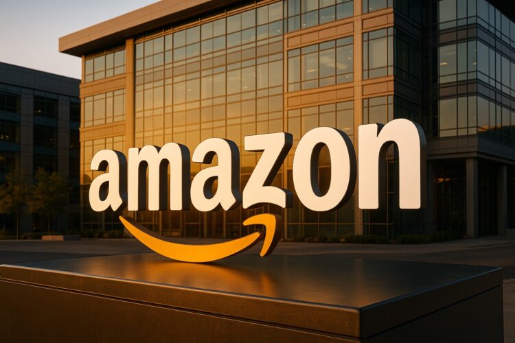 Campus corporativo de Amazon con su logotipo grande y luz cálida tras anunciar sólidos resultados.