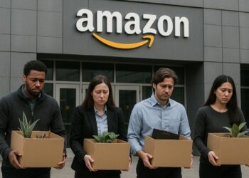 Cuatro trabajadores de Amazon con cajas y expresión triste salen de la sede con fachada gris industrial