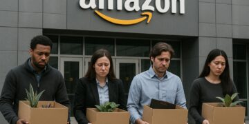 Cuatro trabajadores de Amazon con cajas y expresión triste salen de la sede con fachada gris industrial