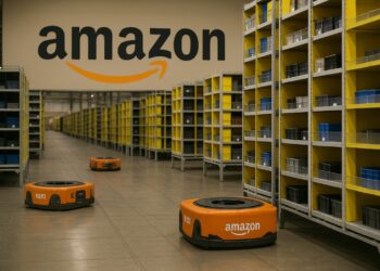Robots naranjas de Amazon transportando estanterías en un almacén automatizado con pasillos iluminados
